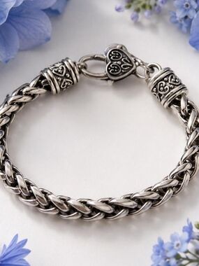 Sterling-Style Braided Silver Heart Clasp Bracelet
